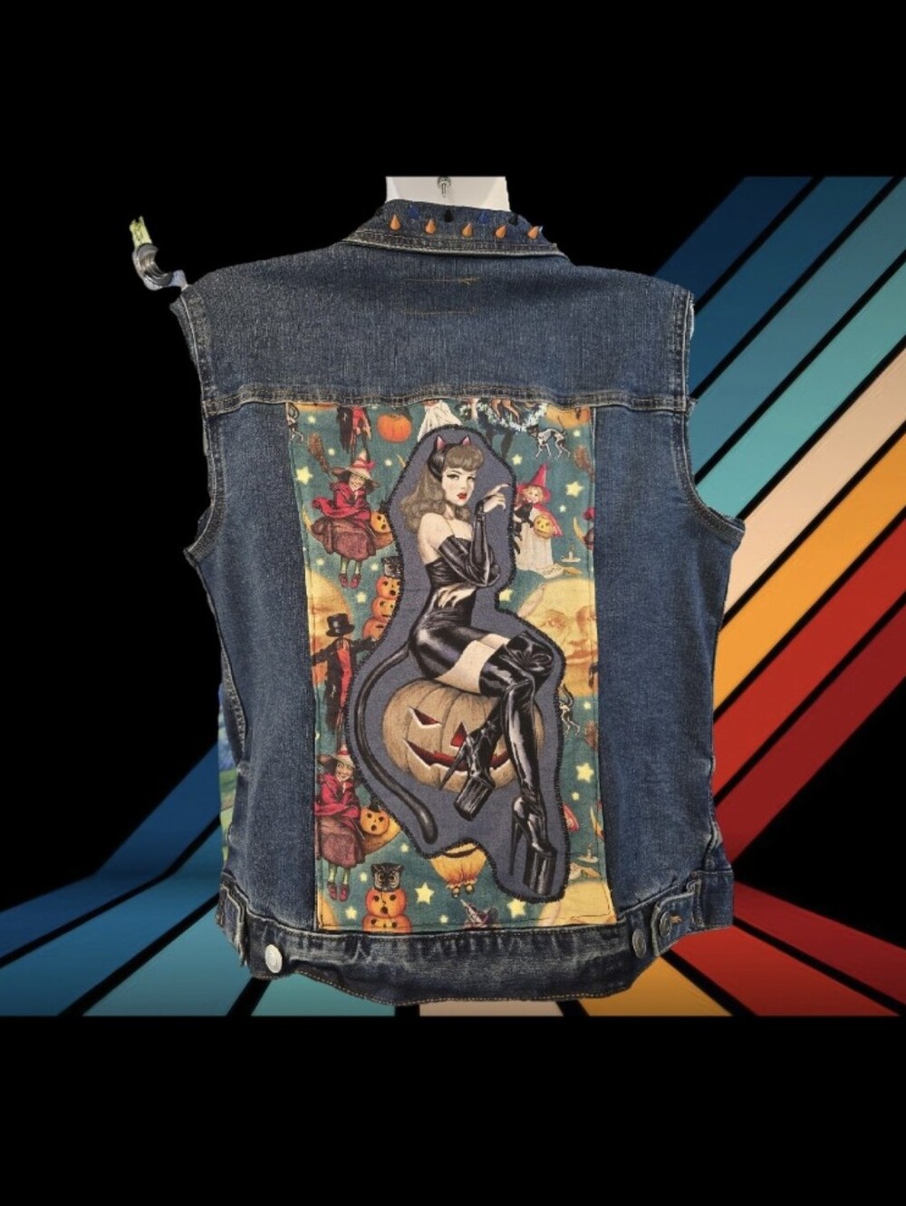 Custom Blue Denim Vest with Halloween Pinup Back Patch